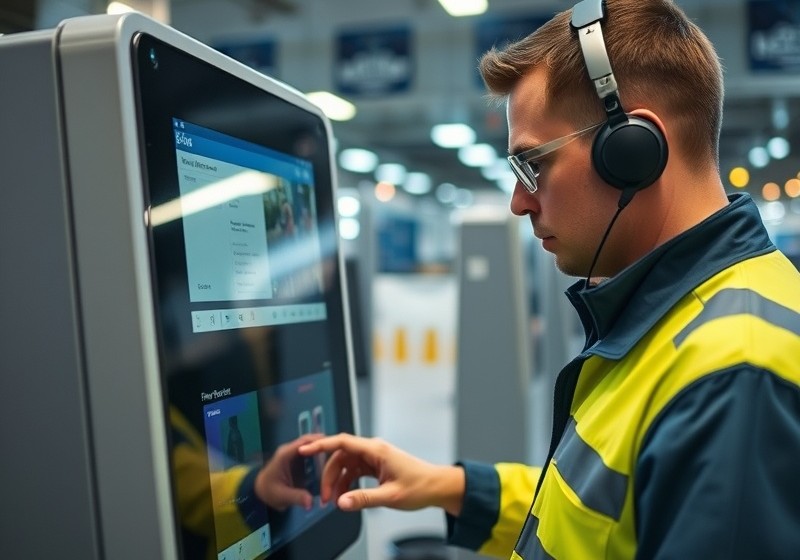 Especialista revisando la lectora de tarjetas de un terminal